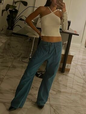 Lioness Teal Blue Boyfriend Cargo Wide-Leg Jeans